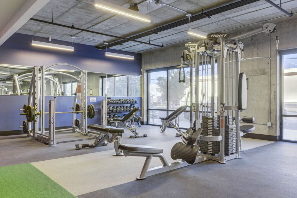 The indoor gym featuring weight lifting equipment and large windows providing ample natural light.