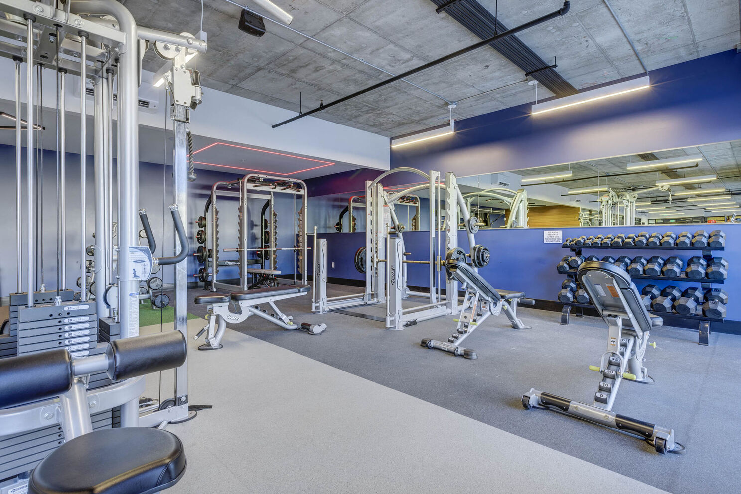 The indoor gym at featuring dumbbells, multiple workout machines, and workout benches for strength training exercises