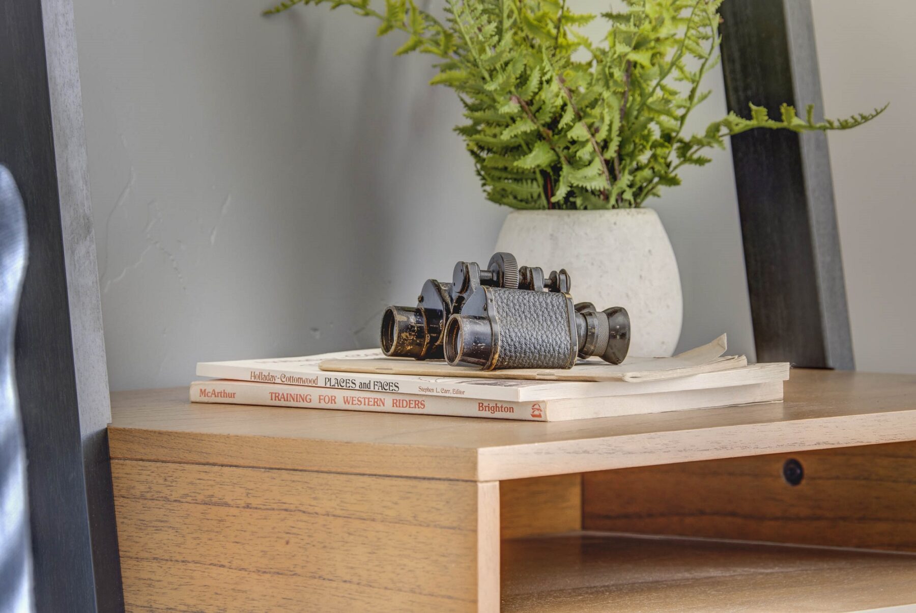 wooden desk with a plant on top and some books